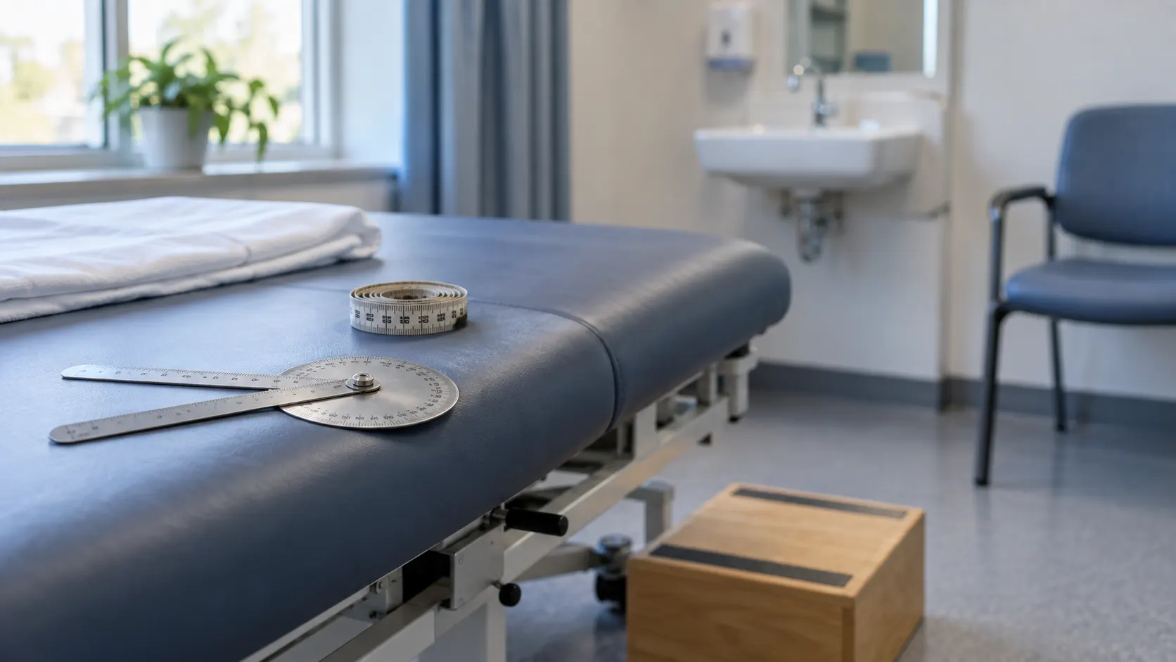 Empty orthopaedic examination room with a padded couch, a goniometer and a tape measure on the couch edge, and a wooden block on the floor