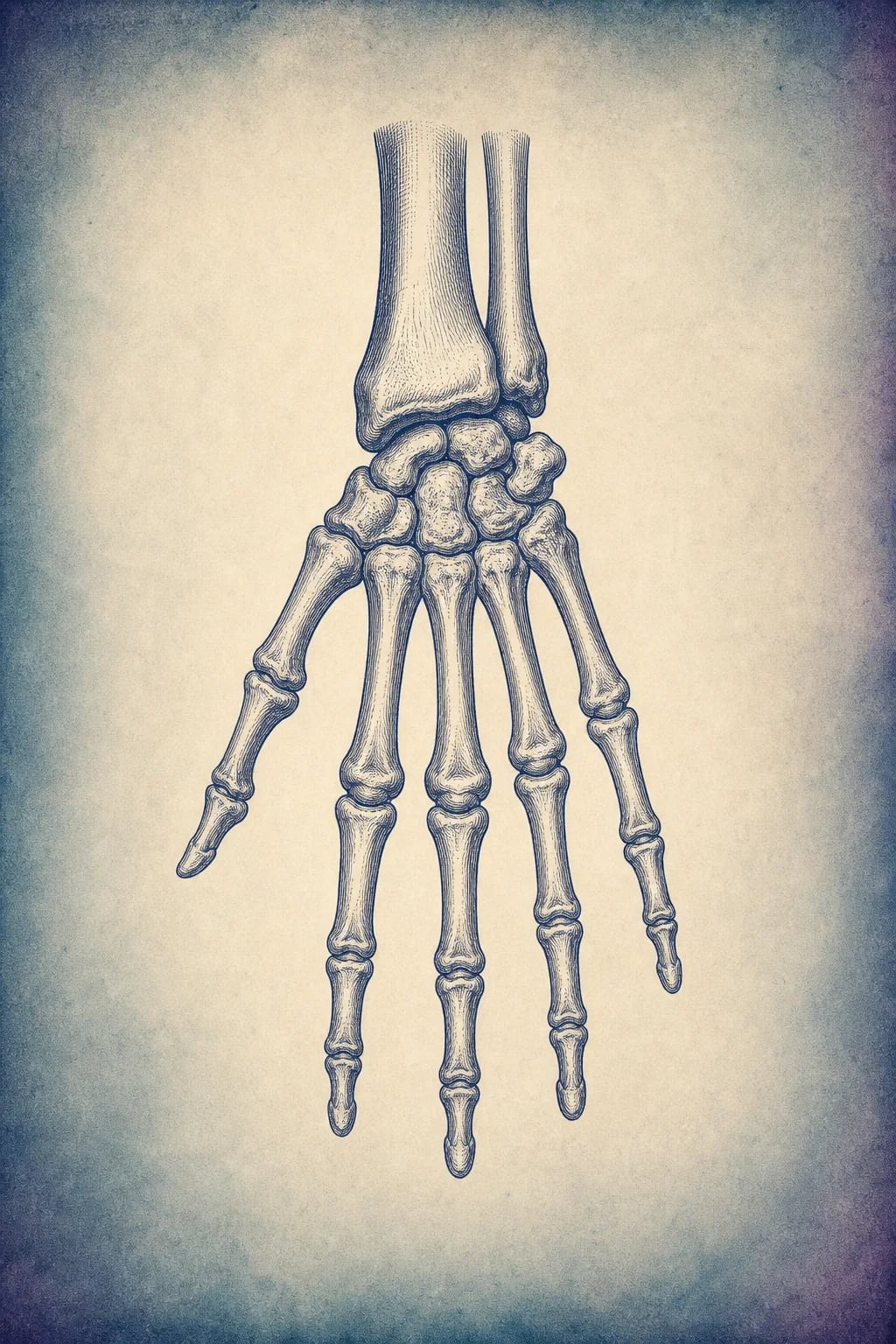 Engraving-style illustration of the bones of the hand and wrist