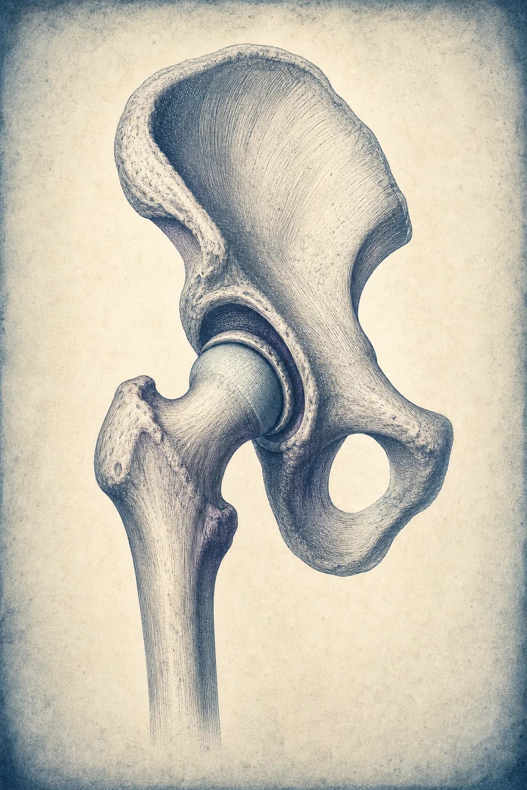 Engraving-style illustration of the hip joint