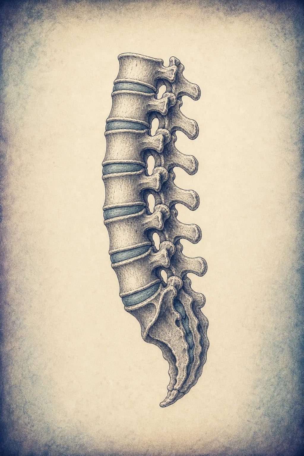 Engraving-style illustration of the vertebral column