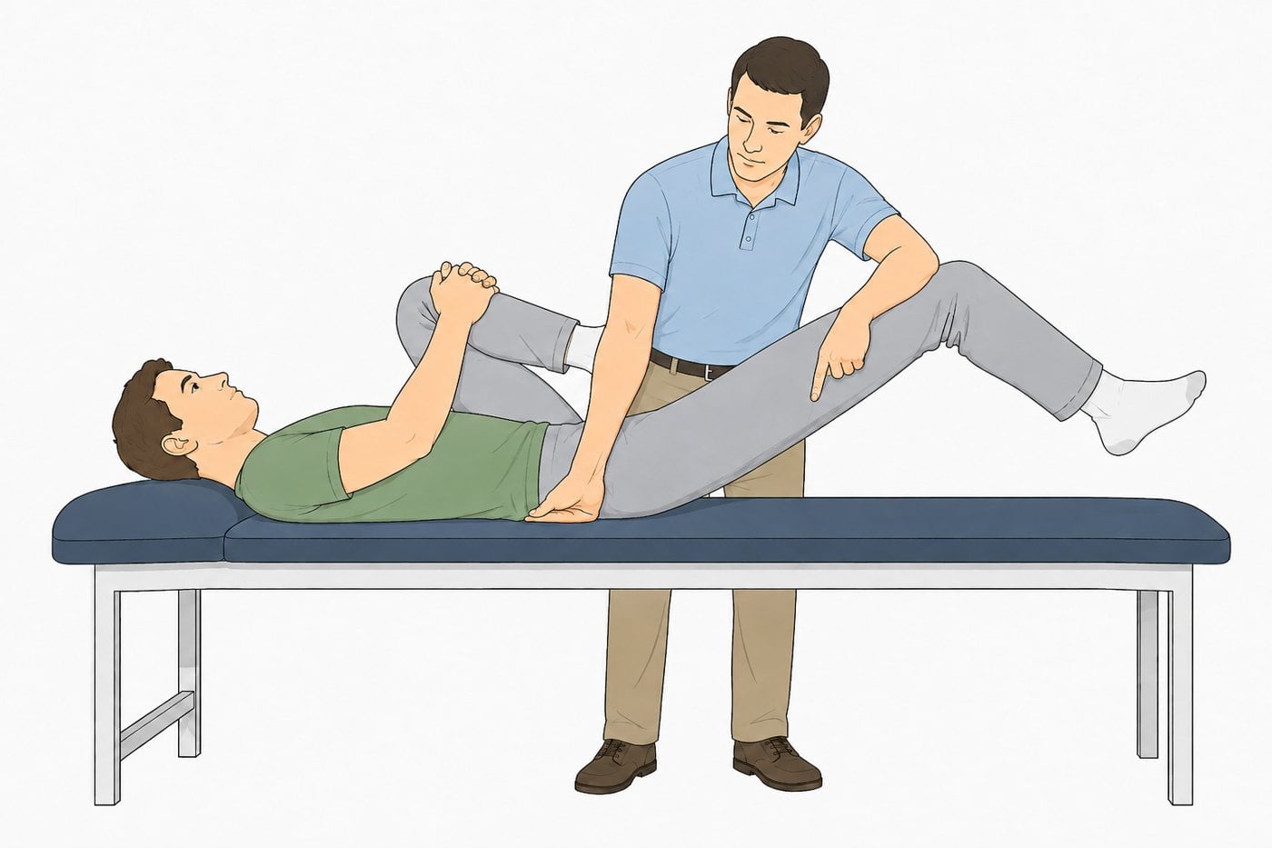 Illustration of the Thomas test with the patient supine hugging one knee to the chest while the tested thigh rises off the couch