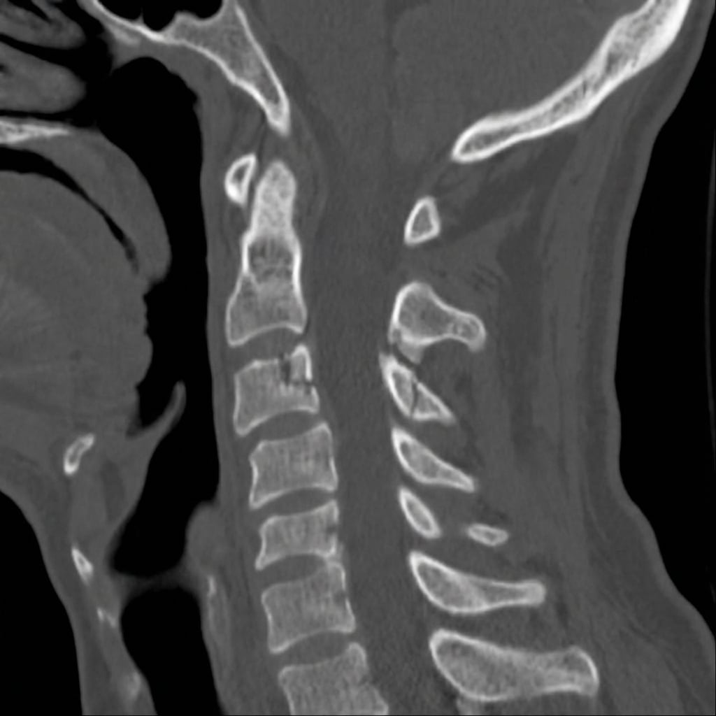 Sagittal and axial CT images demonstrating bilateral fractures through the pars interarticularis of C2 (hangman's fracture). There is anterior displacement of C2 on C3 with disruption of the C2-3 disc space. The fracture lines extend through the pars bilaterally. This represents a Type II hangman's fracture requiring consideration of surgical stabilization.