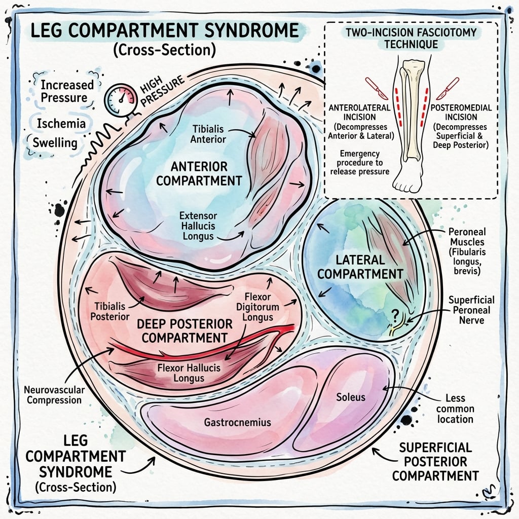 Cross-section of leg showing four compartments (anterior, lateral, superficial posterior, deep posterior) with neurovascular structures. Inset shows two-incision fasciotomy technique with anterolateral and posteromedial incisions.