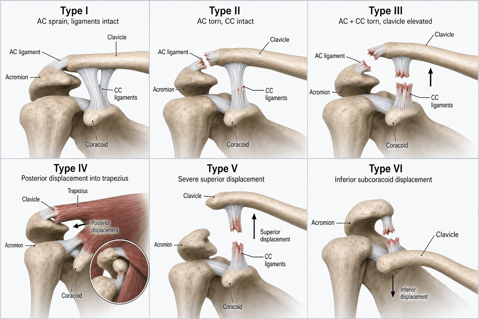 Diagram of the Rockwood classification of acromioclavicular joint injuries, types I to VI.