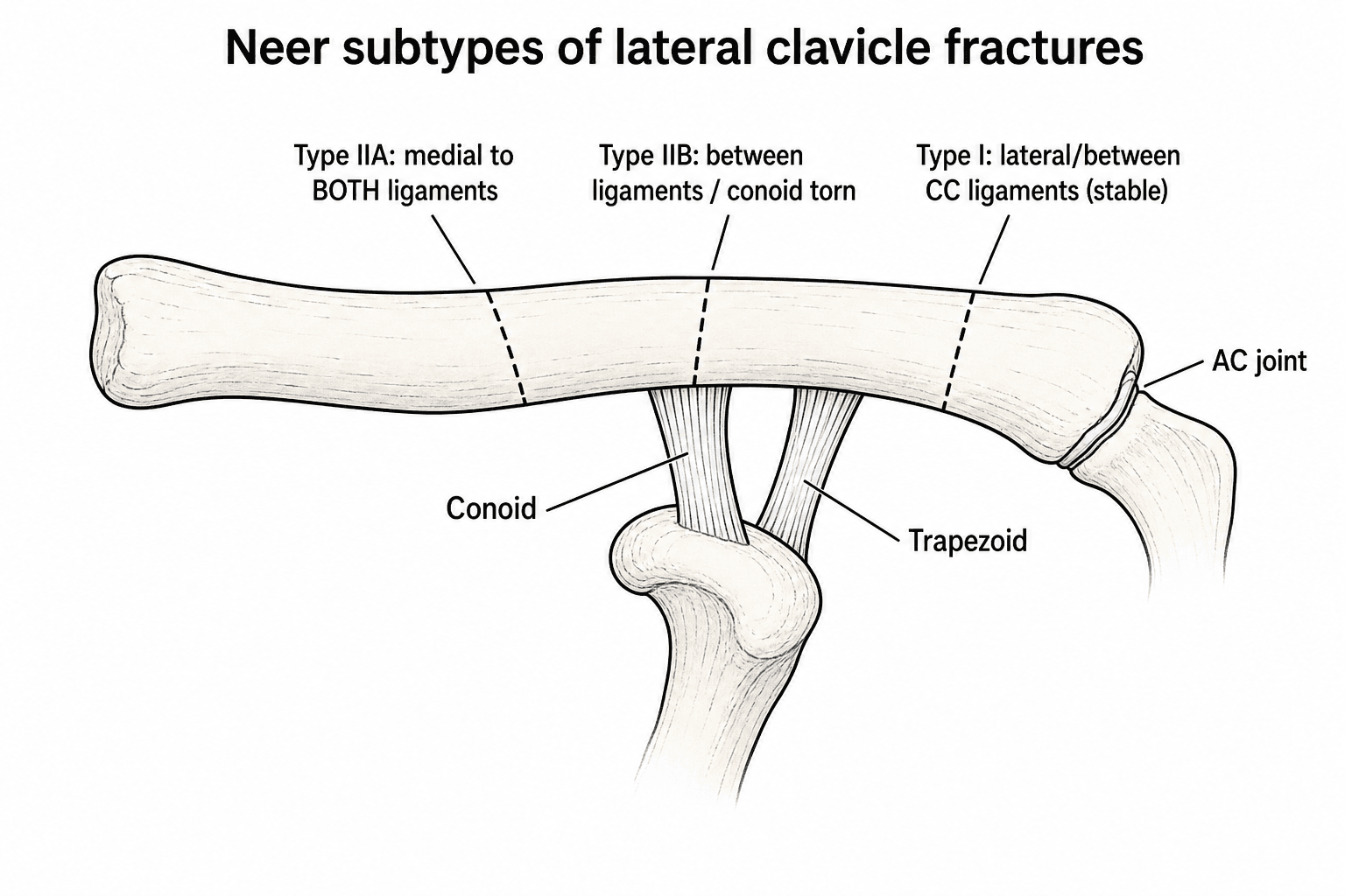 Diagram of the lateral clavicle with the conoid and trapezoid coracoclavicular ligaments and three fracture lines marking Neer Type I, IIA (medial to both ligaments) and IIB (between the ligaments).
