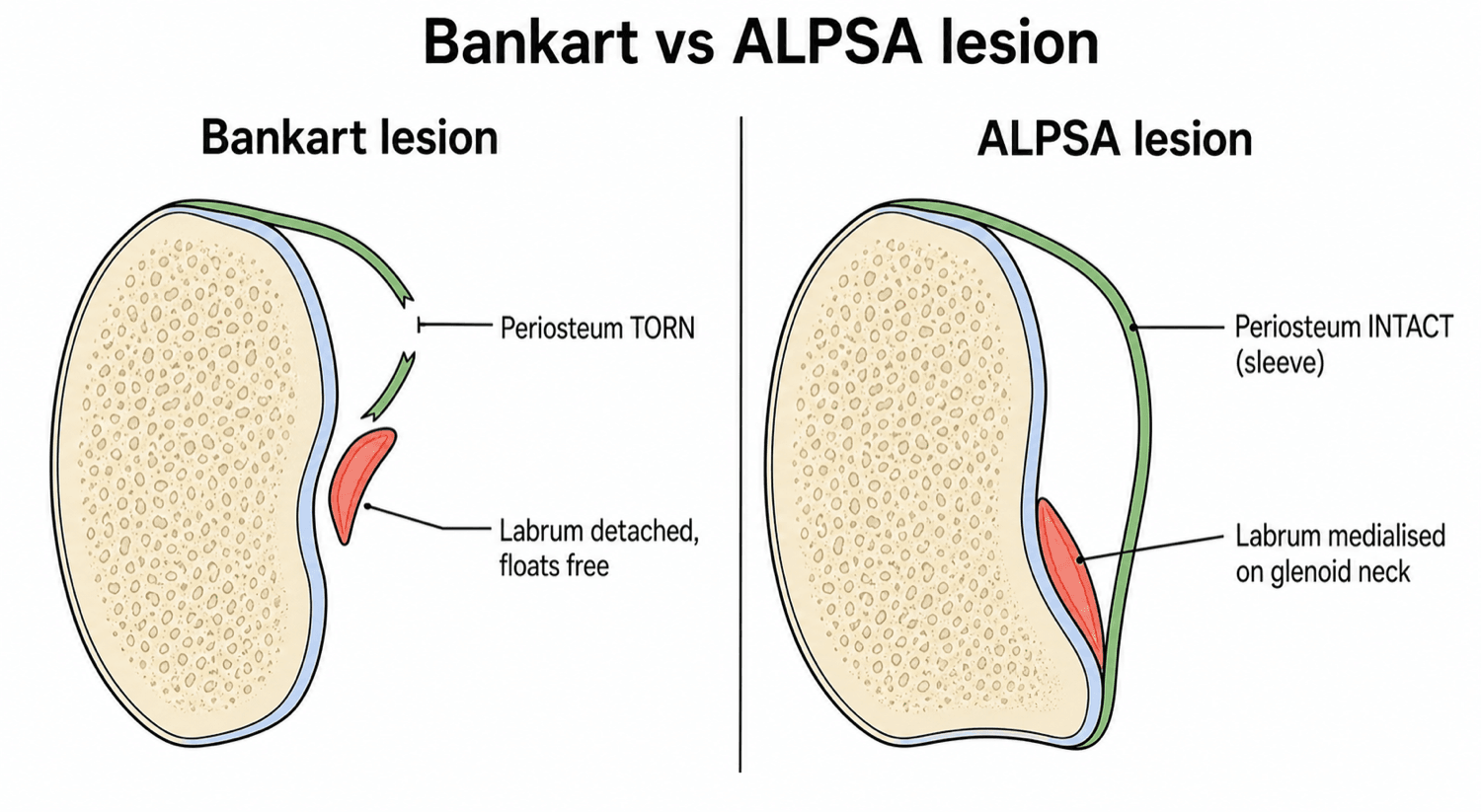 Two-panel axial cross-section: a Bankart lesion (torn periosteum, labrum floating free) versus an ALPSA lesion (intact periosteal sleeve, labrum medialised on the glenoid neck).