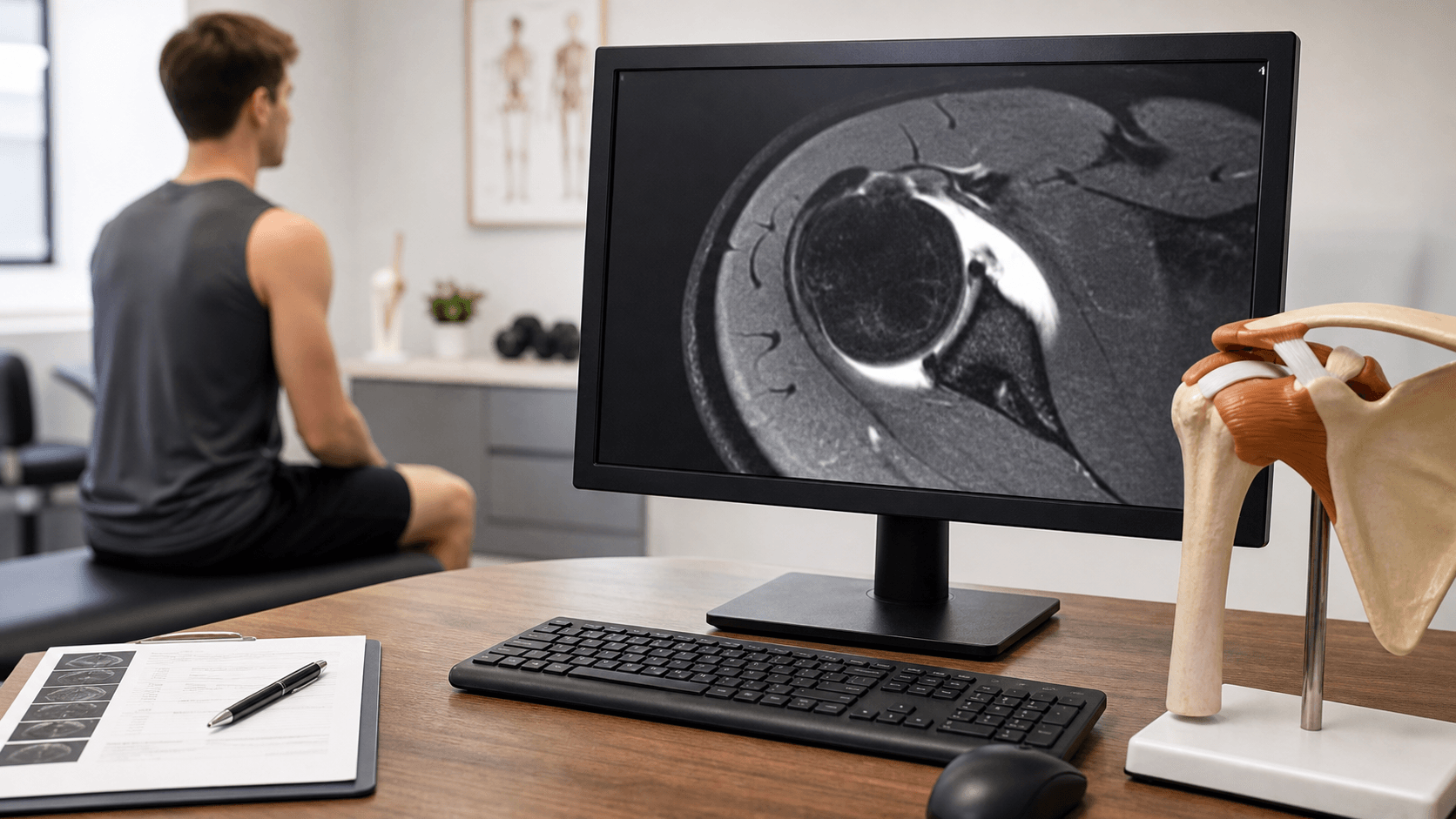 Shoulder clinic review setup with axial shoulder MR arthrogram and anatomical shoulder model