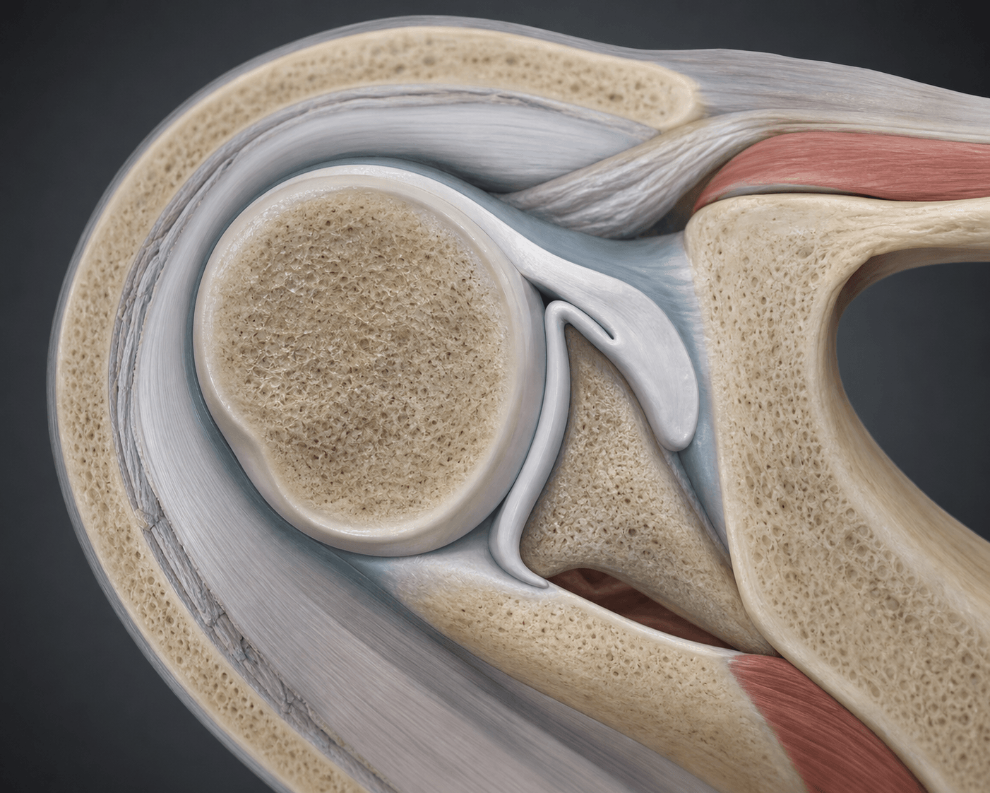 Axial shoulder joint illustration showing the humeral head, glenoid and medially displaced anterior labral tissue