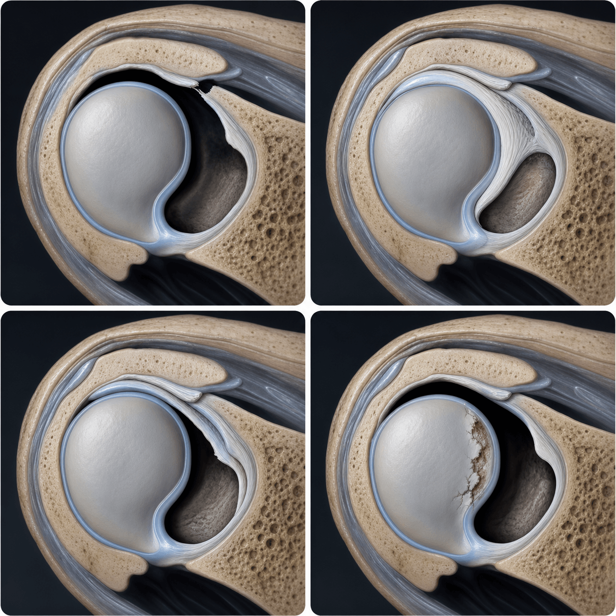 Four-panel shoulder instability illustration comparing anterior labral injury patterns