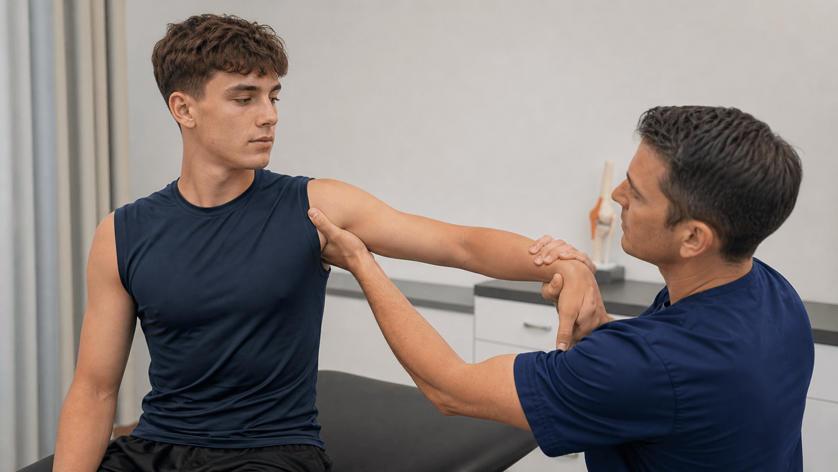 Orthopaedic clinician assessing a young athlete with recurrent shoulder instability