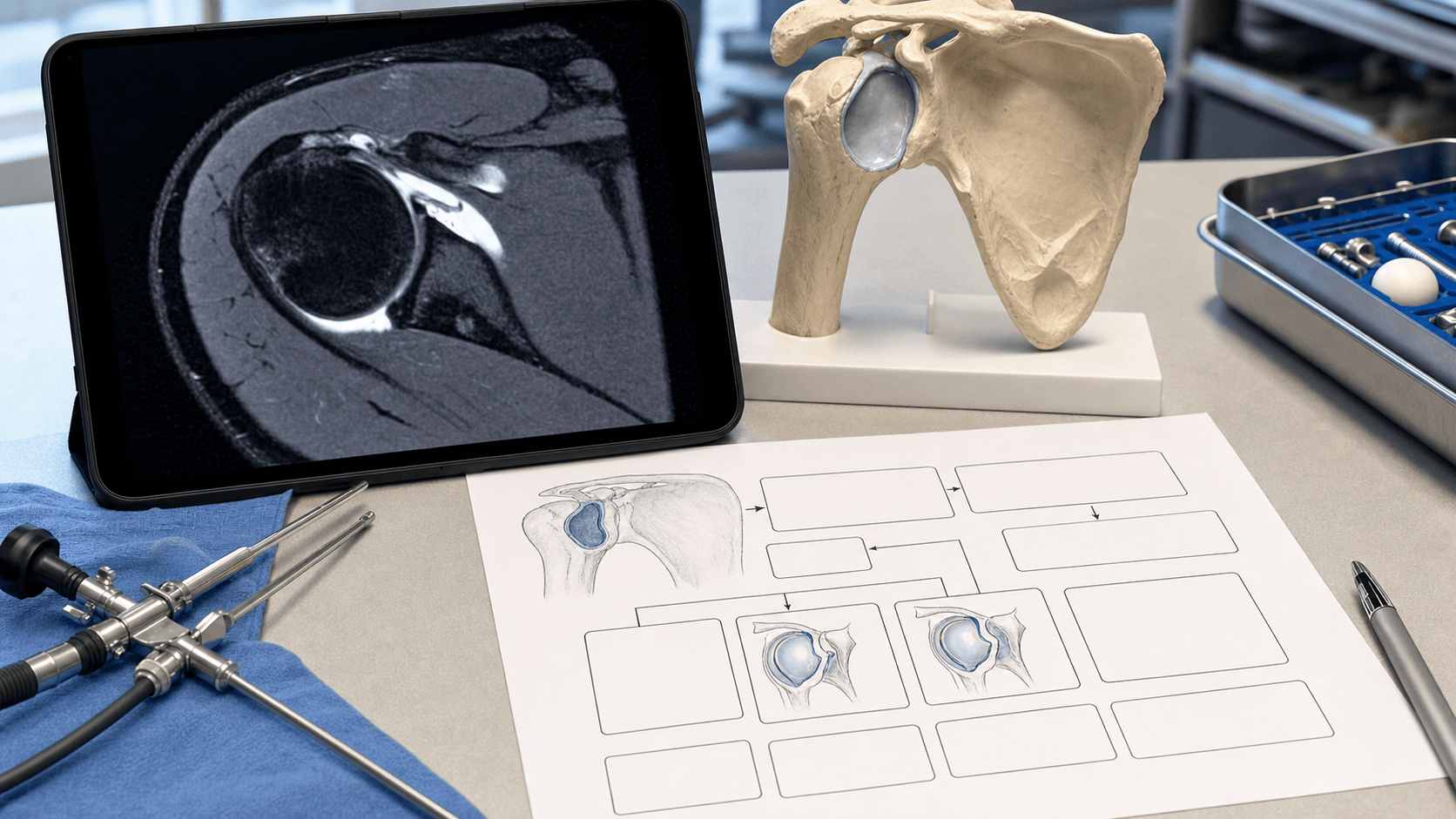 ALPSA treatment planning setup with shoulder MR arthrogram, glenoid model and arthroscopy instruments