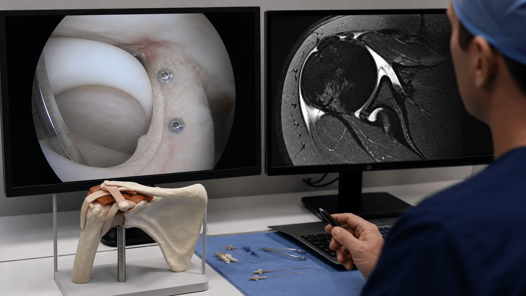 Clinical review setup with shoulder arthroscopy and MR imaging for recurrent instability after repair