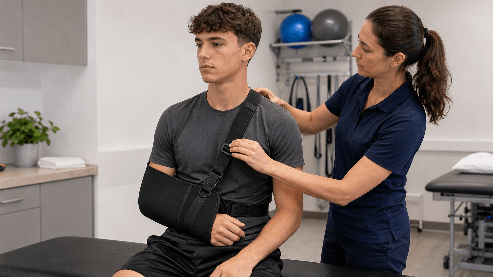 Postoperative shoulder stabilisation rehabilitation scene with sling fitting and physiotherapist