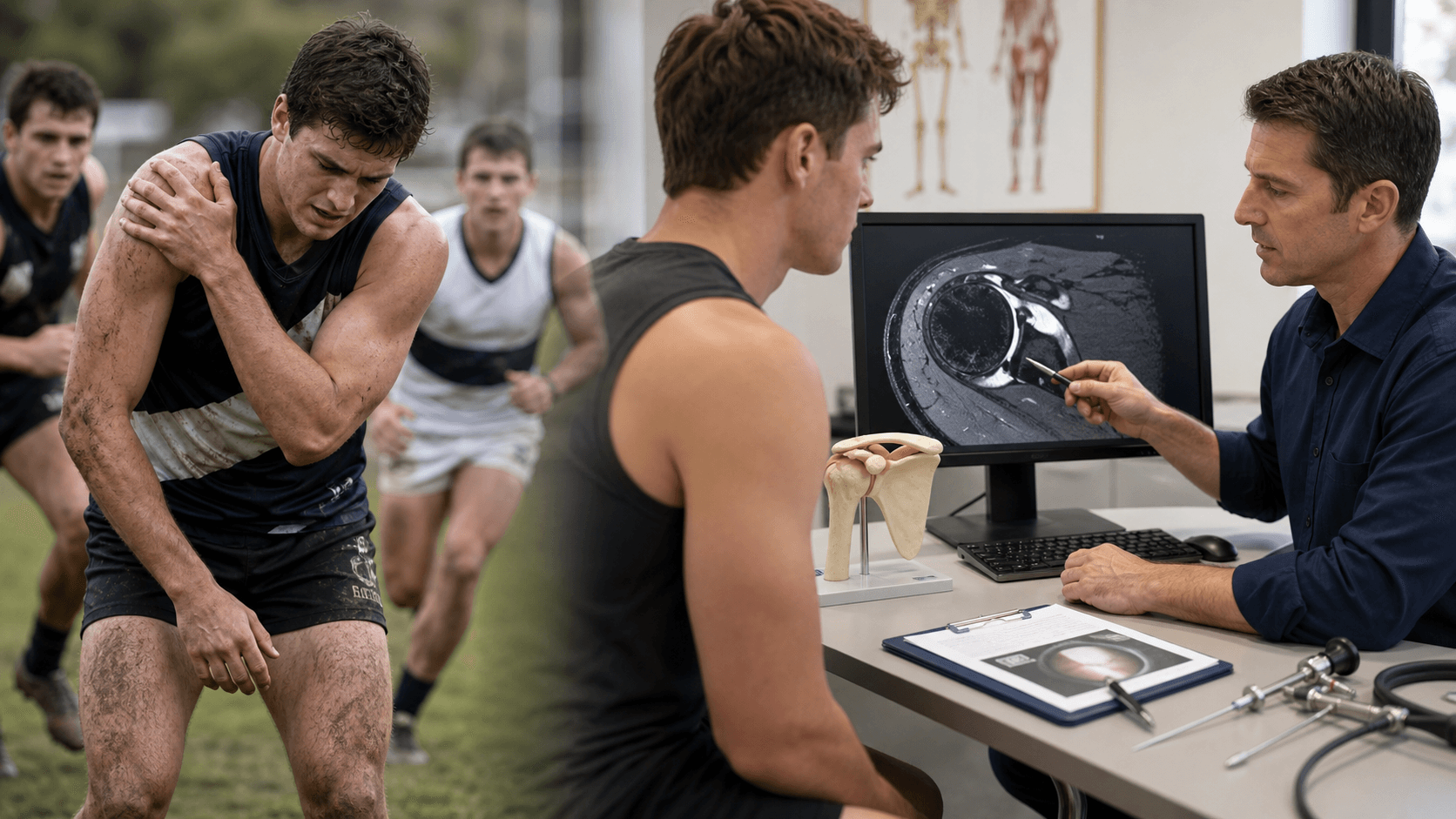 Contact-sport shoulder instability consultation with athlete and clinician reviewing shoulder imaging