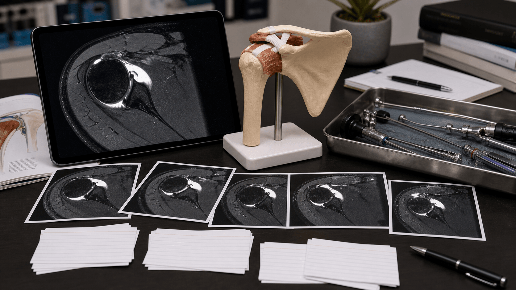 Orthopaedic teaching station with shoulder MR arthrograms, glenoid model and revision cards