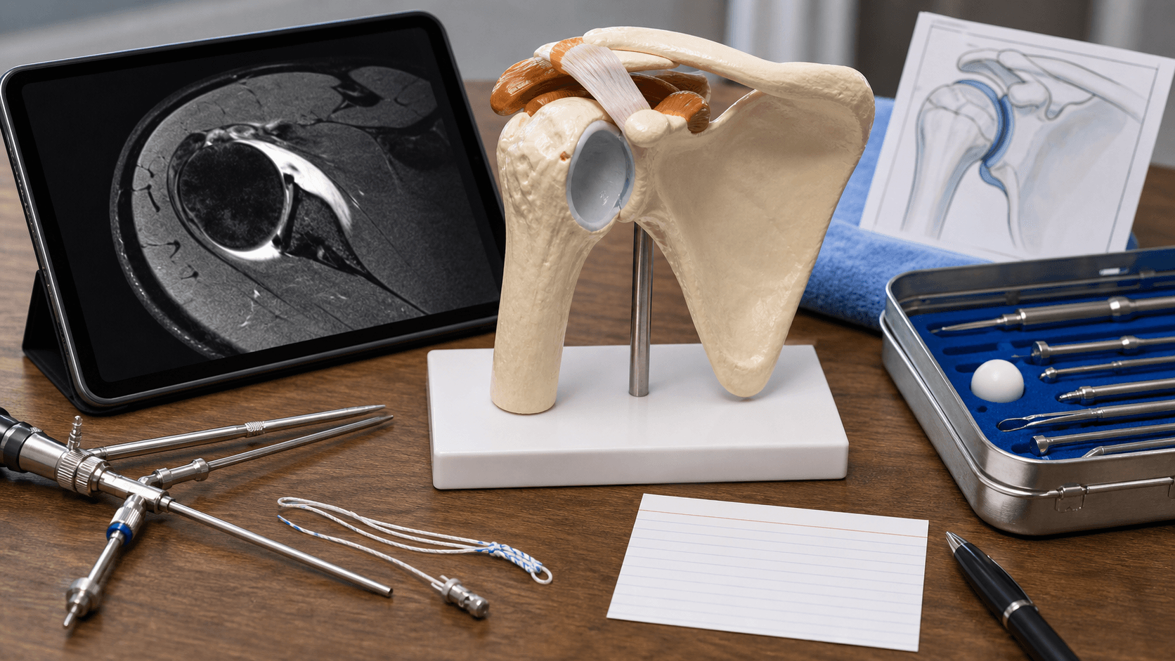 Shoulder instability teaching setup with shoulder model, MR arthrogram and arthroscopy instruments