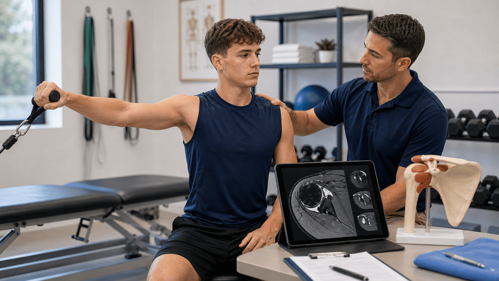 Shoulder stabilisation return-to-sport assessment with athlete and physiotherapist