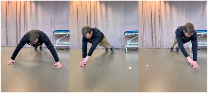 Three clinical photographs demonstrating alternating hand reaches during the closed kinetic chain upper extremity stability test