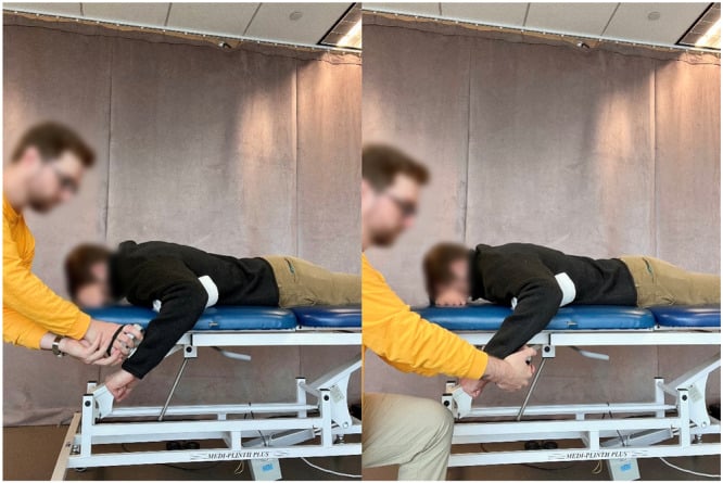 Two clinical photographs showing isometric external and internal shoulder rotation strength testing at ninety degrees of abduction