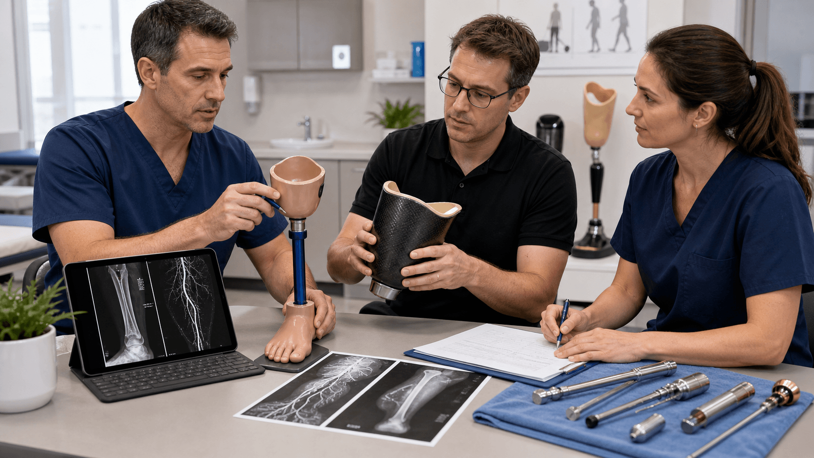 Multidisciplinary amputation planning scene with prosthetic socket, lower limb model and vascular imaging