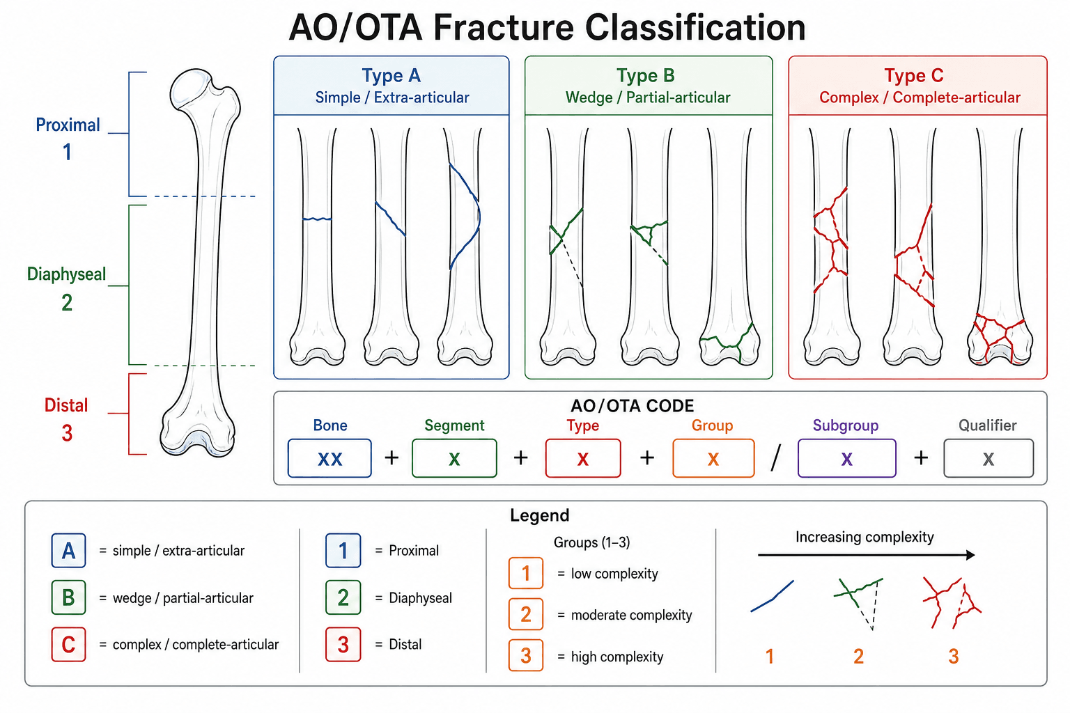 AO/OTA fracture classification alphanumeric coding: bone, segment, type A/B/C, group, subgroup