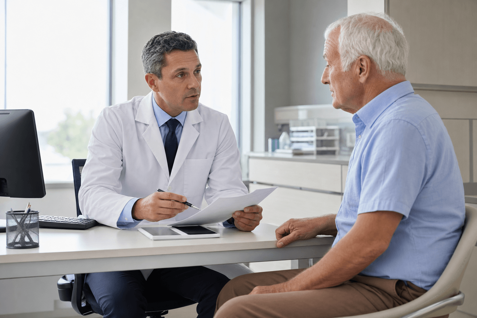 A clinician reviewing a patient in a pre-operative optimization clinic before joint replacement.