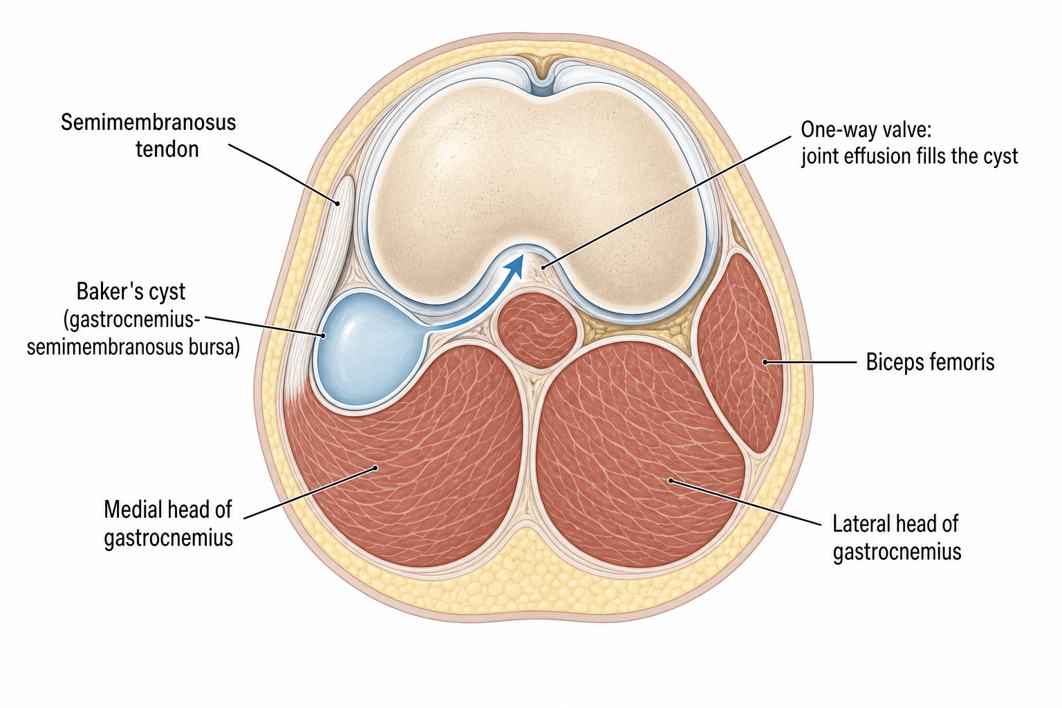 Axial diagram of the knee showing where a Baker's cyst forms.
