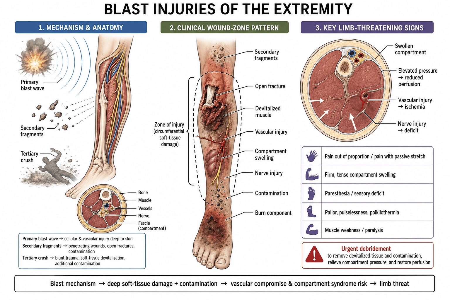 Blast injury mechanism (primary/secondary/tertiary), wound-zone pattern and limb-threatening signs