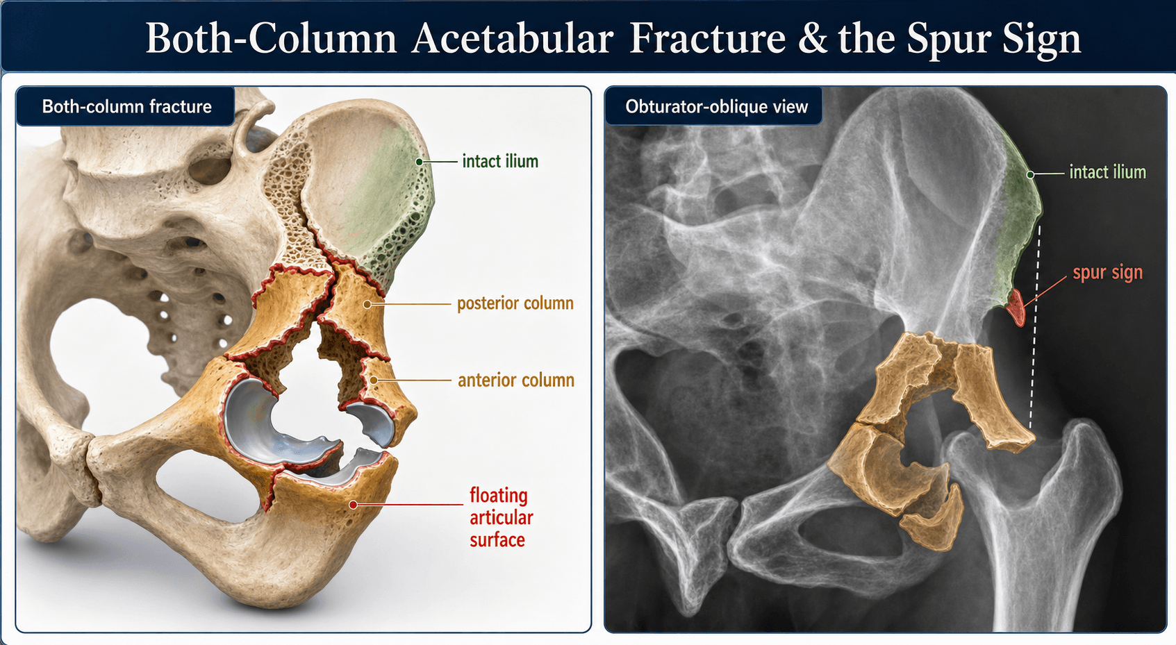 both-column acetabular fracture and spur sign