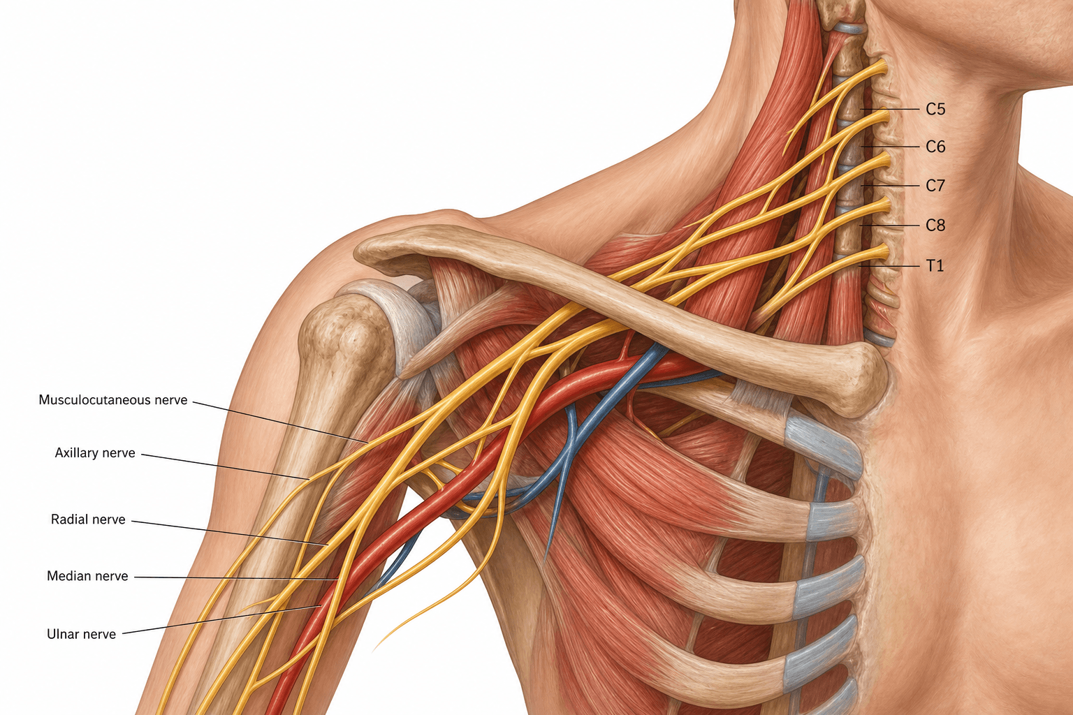 Schematic of the brachial plexus showing roots, trunks, divisions, cords and terminal branches.