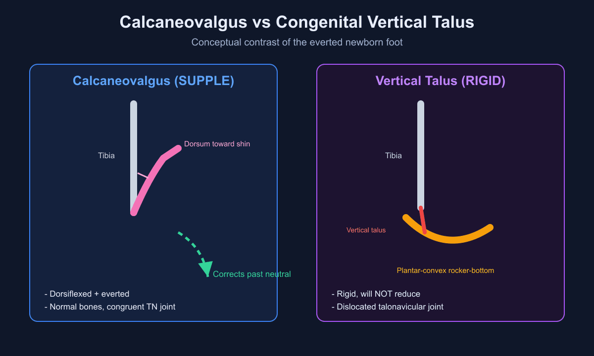 Side-by-side line diagram contrasting the supple dorsiflexed-everted calcaneovalgus foot with the rigid plantar-convex rocker-bottom of congenital vertical talus.
