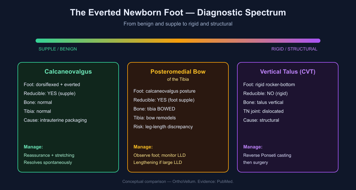 Three-panel conceptual comparison placing calcaneovalgus (supple, benign), posteromedial bowing of the tibia (supple foot but bowed bone with leg-length discrepancy risk), and congenital vertical talus (rigid, structural) along a supple-to-rigid spectrum.