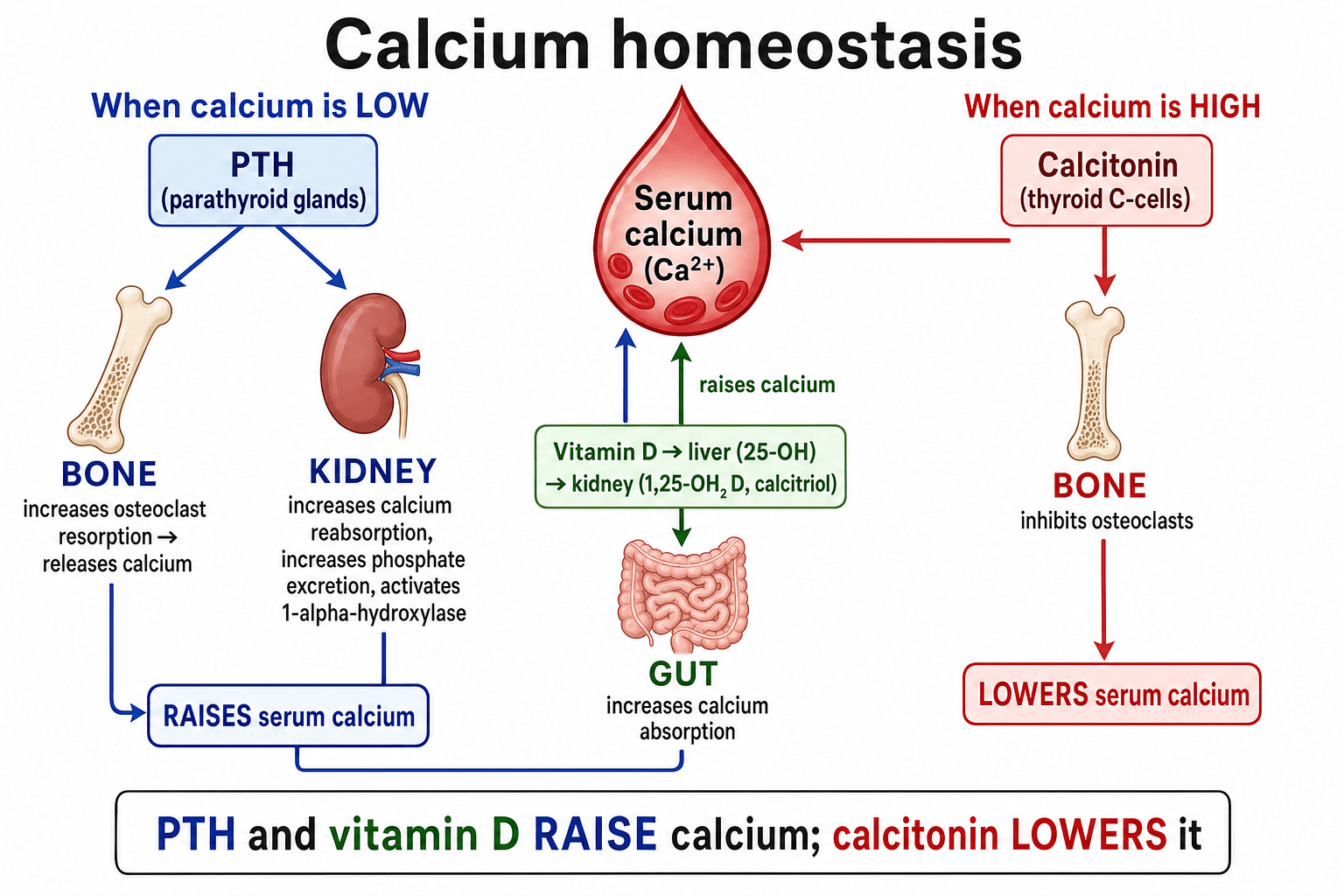 Diagram of calcium homeostasis: PTH and vitamin D raise serum calcium via bone, kidney and gut; calcitonin lowers it.
