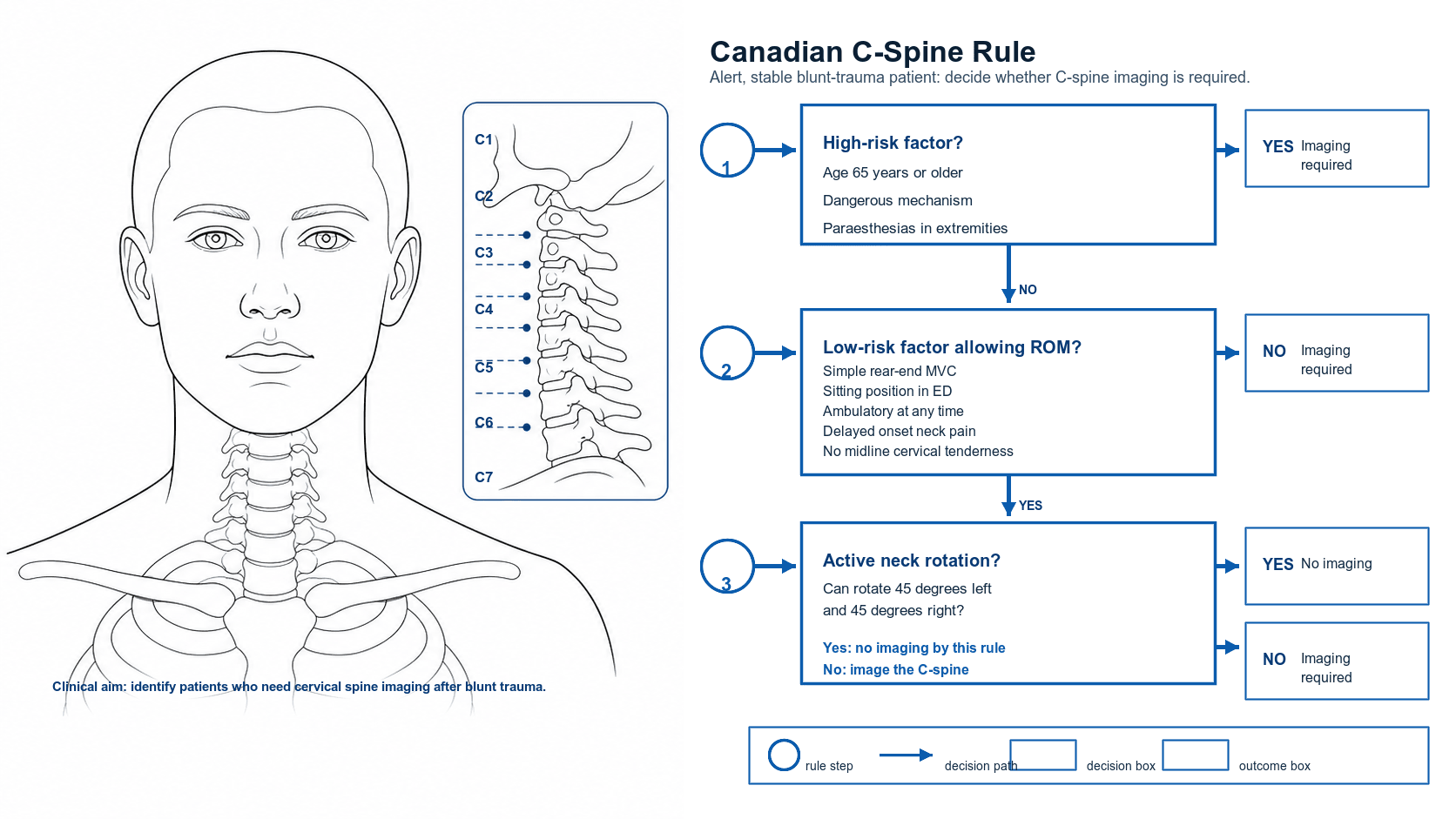 Canadian C-spine rule algorithm: high-risk factors, low-risk factors, 45-degree rotation