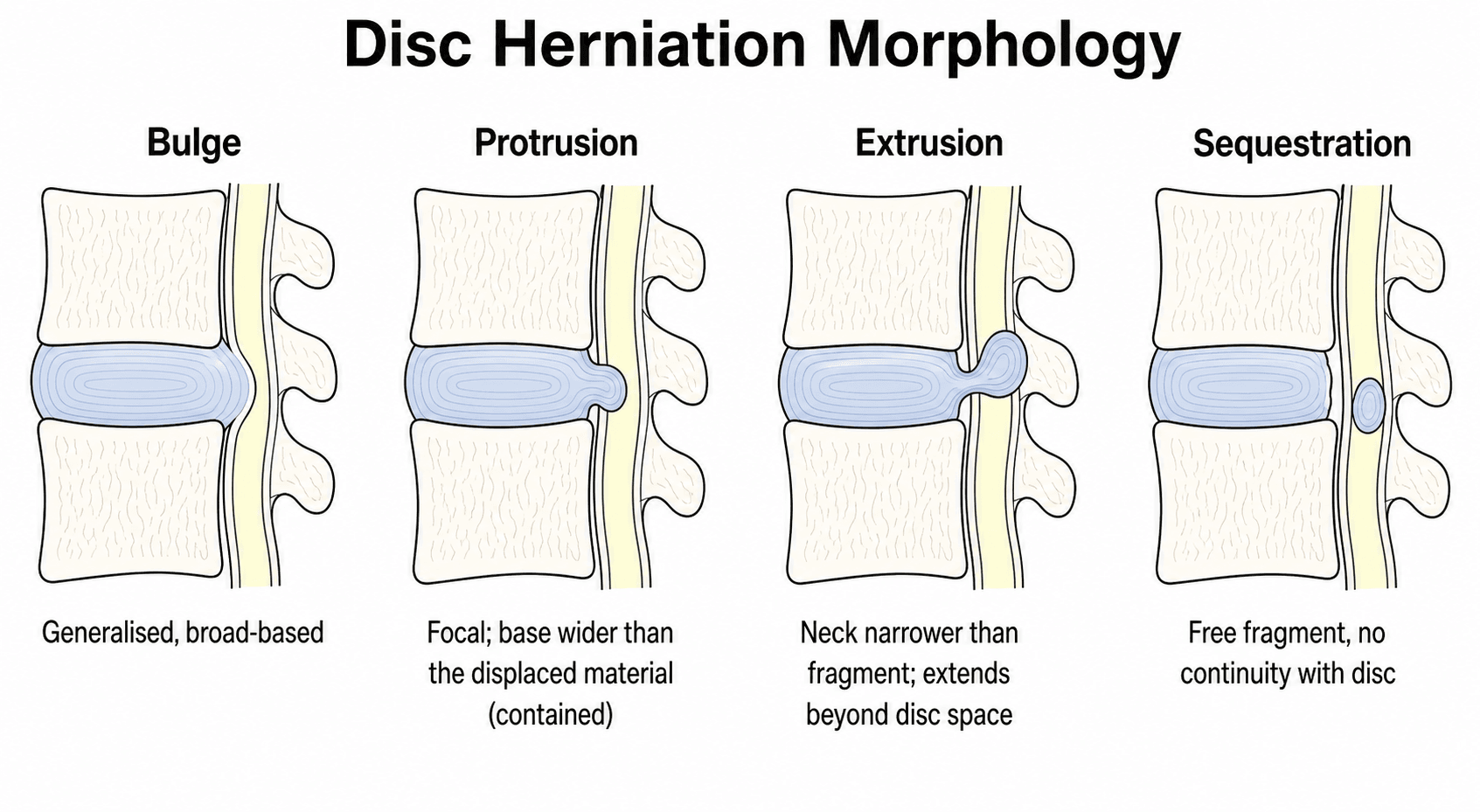 Four-panel diagram of disc displacement morphology: bulge, protrusion, extrusion and sequestration.
