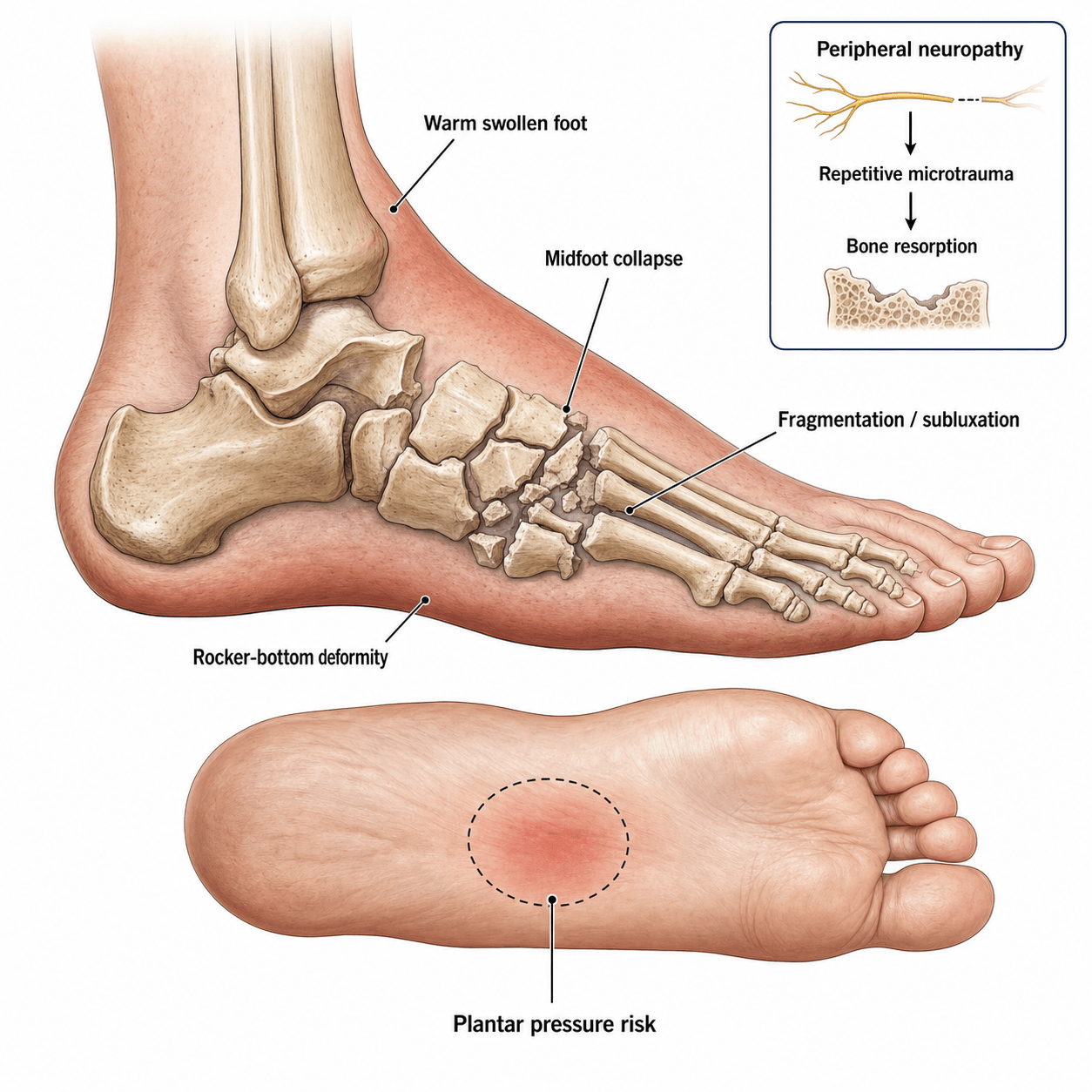 Charcot neuroarthropathy: midfoot collapse, rocker-bottom deformity, plantar ulcer risk, neuropathy-microtrauma pathway