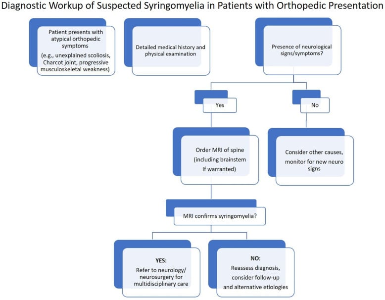 Diagnostic algorithm flowchart for upper-limb Charcot arthropathy and syringomyelia
