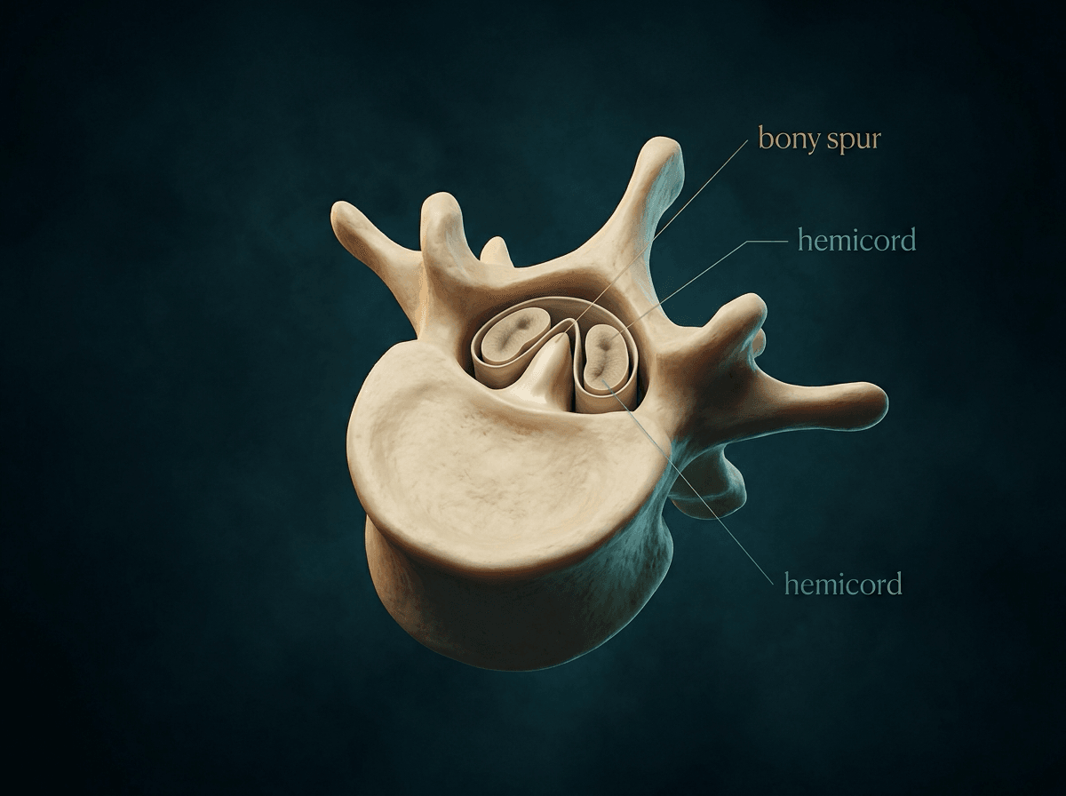Axial illustration of a single vertebra labelled bony spur and hemicord: two hemicords lie in the canal with a bony spur rising between them.
