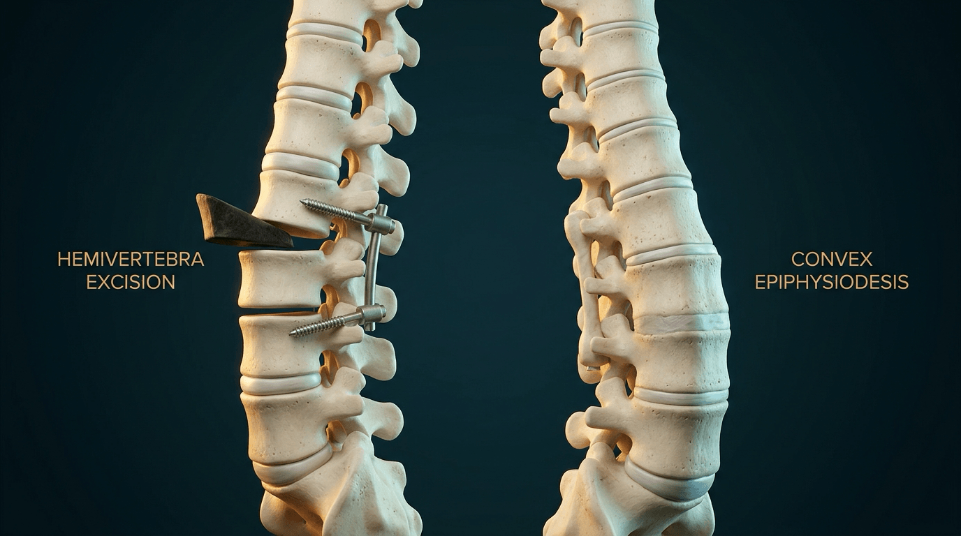 Two-panel illustration: left, labelled hemivertebra excision, the wedge lifted out and the neighbouring vertebrae held by two screws and a short rod; right, labelled convex epiphysiodesis, the column intact with one level fused on the open side.