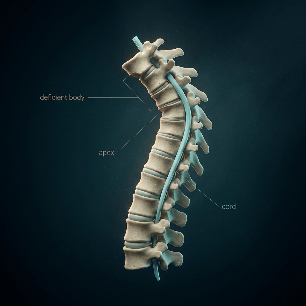 Side view of an illustrated spine labelled deficient body, apex and cord, angulating sharply where a vertebral body is missing.
