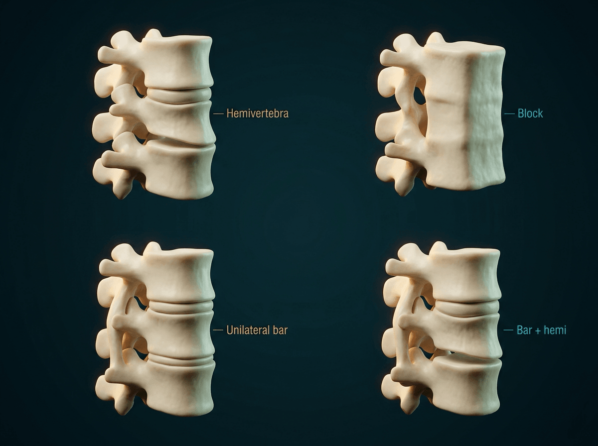 Four illustrated spinal segments labelled hemivertebra, block, unilateral bar and bar plus hemi.