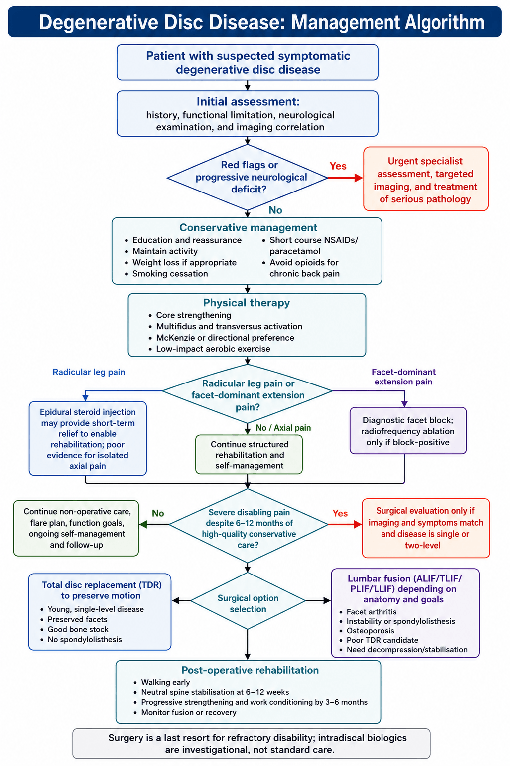 Management algorithm flowchart for degenerative disc disease: red-flag triage, conservative care and physiotherapy, radicular/facet branches, and surgical selection between disc replacement and fusion.