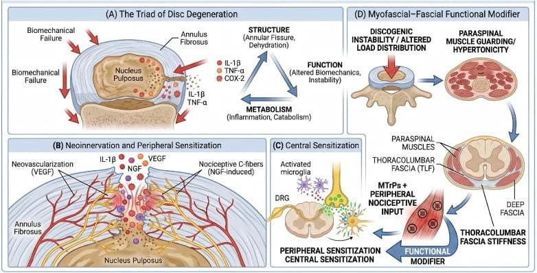 Integrated diagnostic framework linking disc structural failure, inflammation, sensitisation and myofascial modifiers in discogenic low back pain