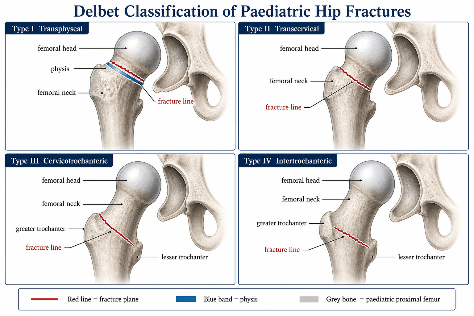 Delbet classification of paediatric hip fractures: I transphyseal, II transcervical, III cervicotrochanteric, IV intertrochanteric — AVN risk highest in I