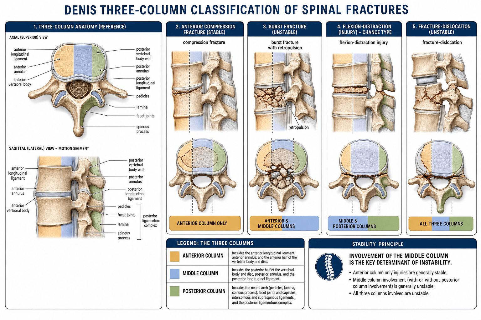 Denis three-column classification of spinal fractures; middle-column involvement determines instability