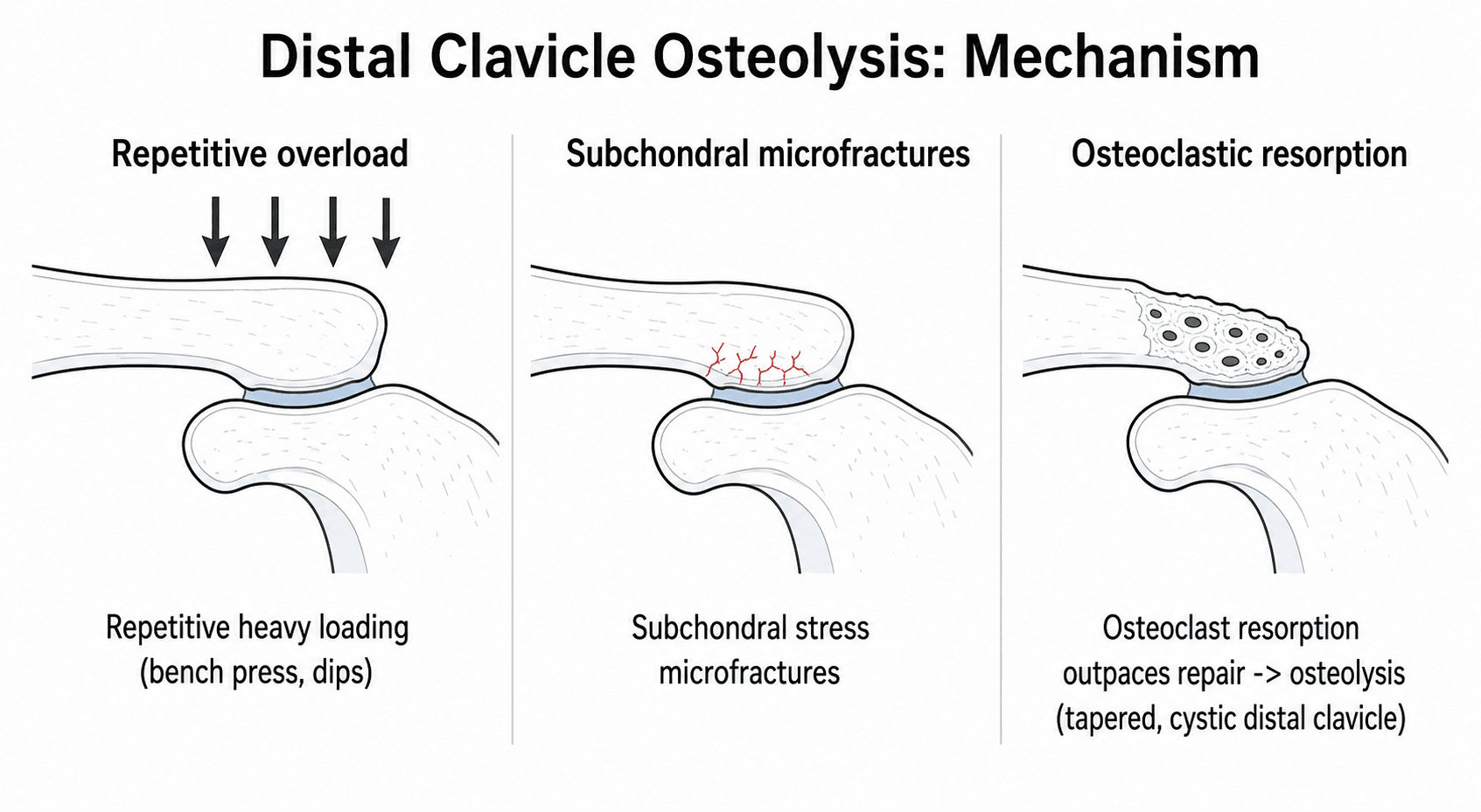Three-panel diagram of distal clavicle osteolysis: repetitive overload, subchondral microfractures, then osteoclastic resorption tapering the distal clavicle.
