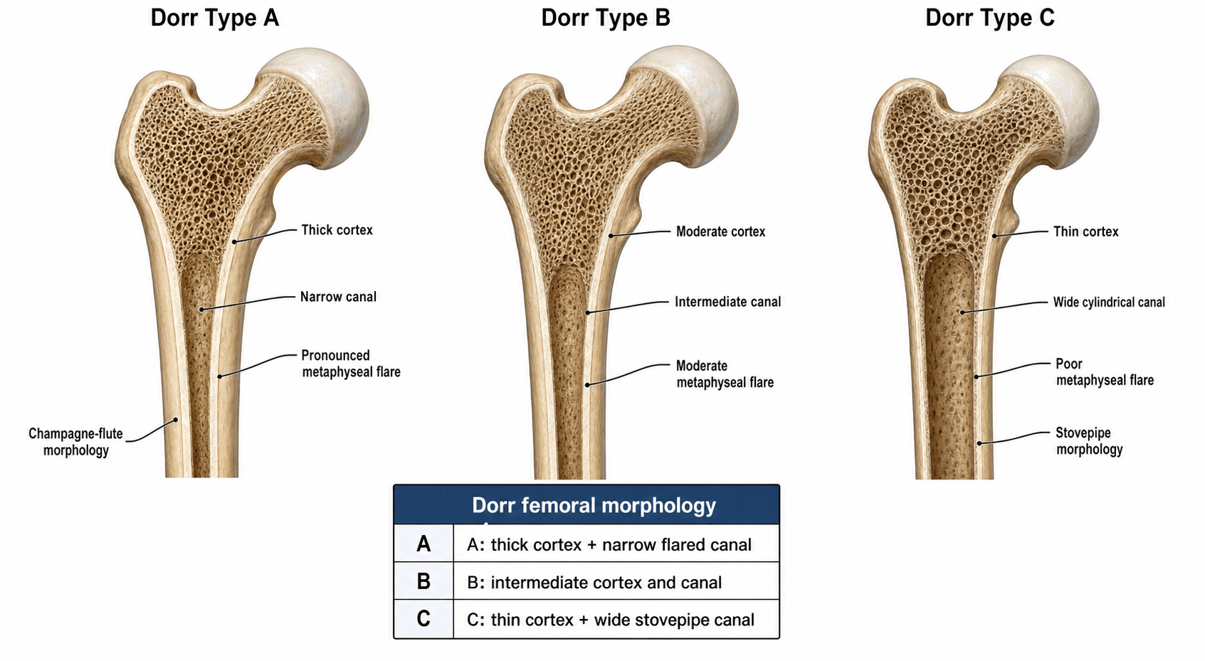Dorr classification of proximal femoral morphology: A champagne-flute (thick cortex, narrow canal), B intermediate, C stovepipe (thin cortex, wide canal)