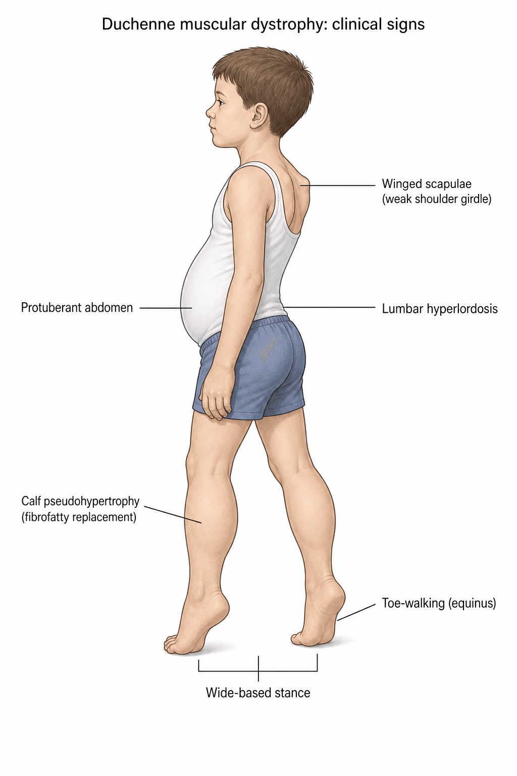 Labelled clinical-signs illustration of a boy with Duchenne muscular dystrophy: calf pseudohypertrophy, lumbar hyperlordosis, protuberant abdomen, winged scapulae, toe-walking and a wide-based stance.