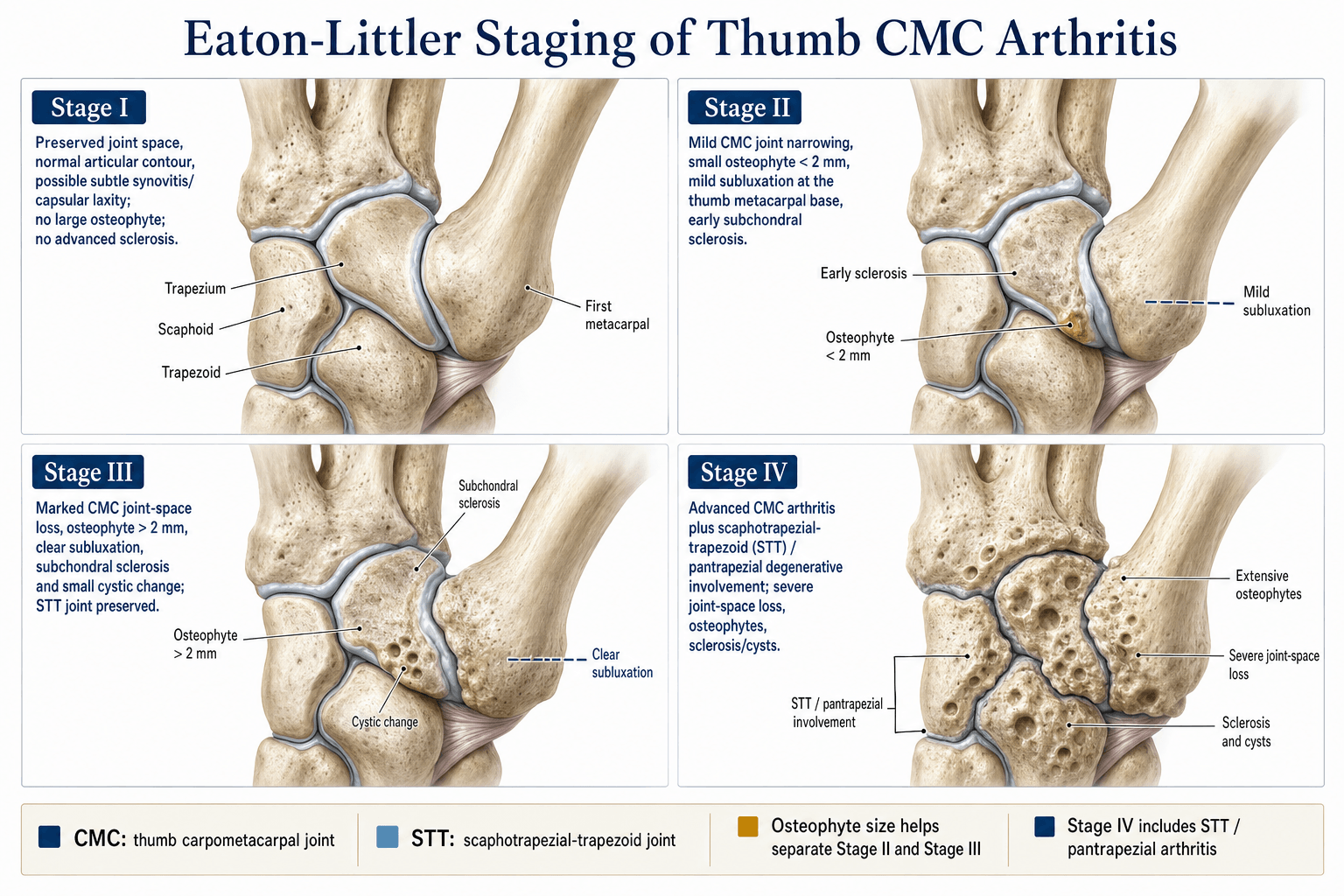 Eaton-Littler staging of thumb carpometacarpal (basal joint) osteoarthritis, stages I-IV
