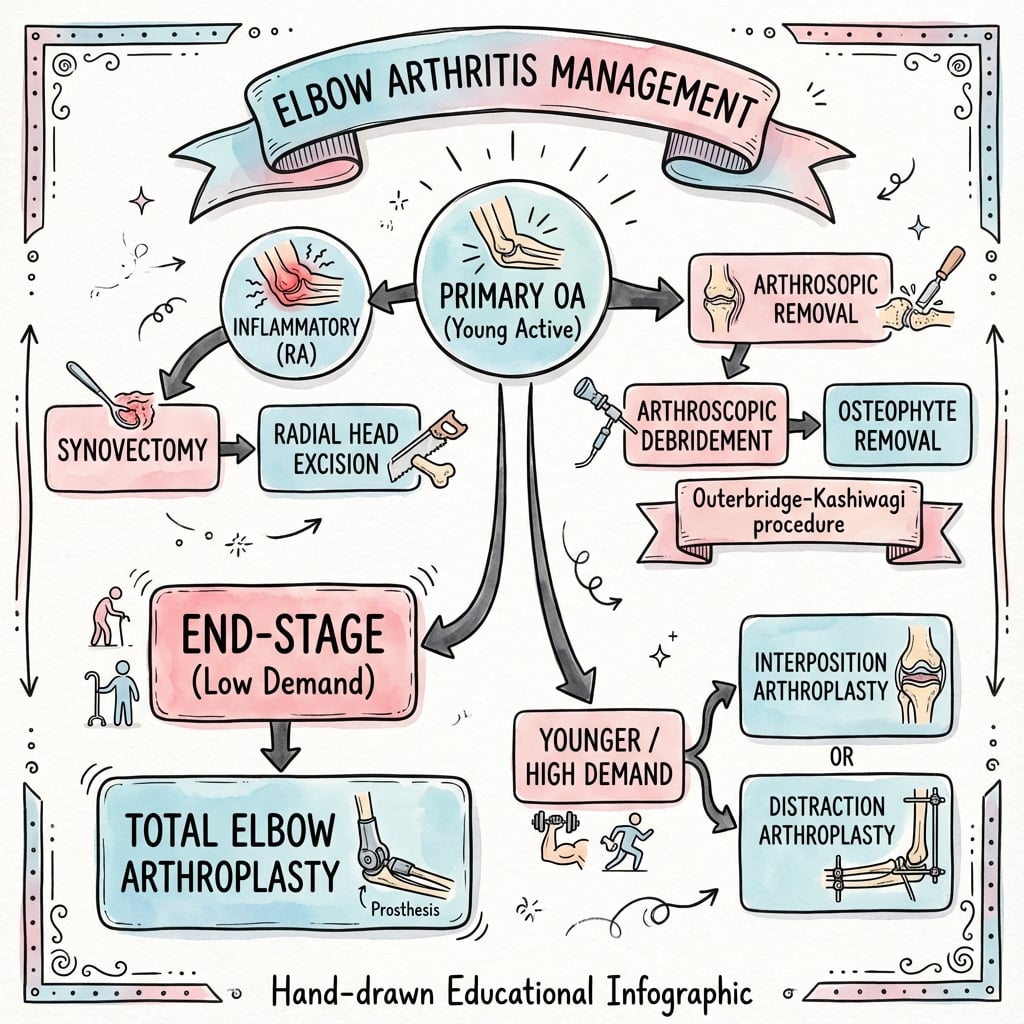 Elbow Arthritis Treatment Algorithm - Illustrated medical sketchnote style